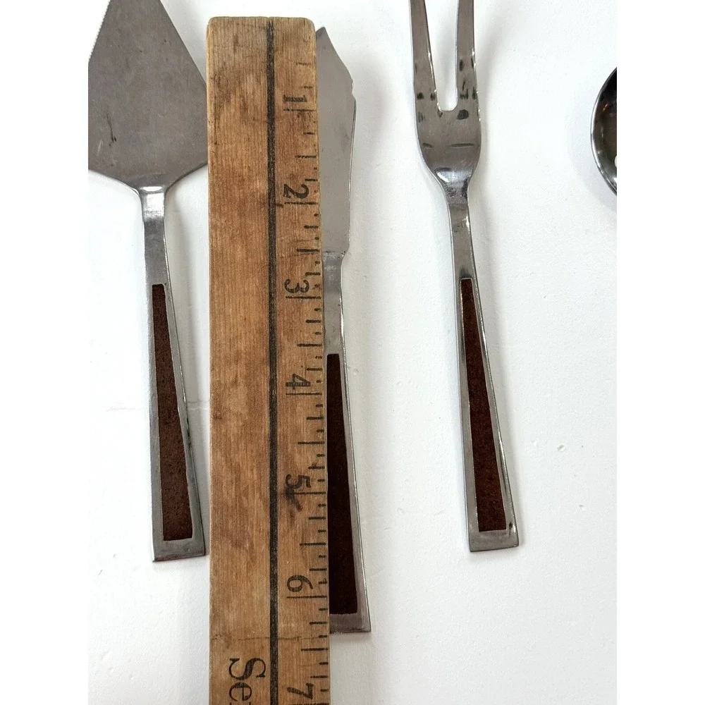 5 Vtg MCM Stanley Roberts flatware provincial‎ walnut Serving Utensil Wood Inlay